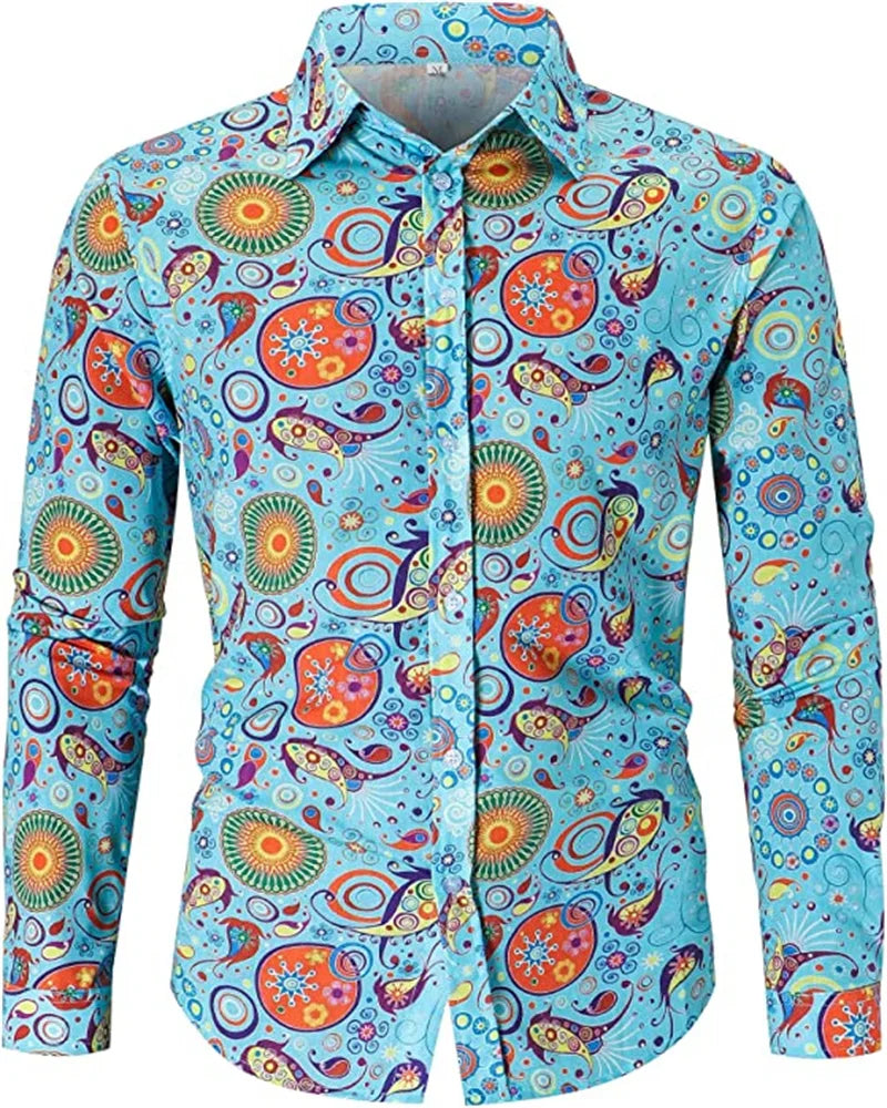 Fashionable Men's 70s Disco Shirts Casual Shirts Floral Vintage Long Sleeve Shirts Button Lapel Cardigan Mens Oversized Shirts