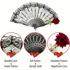 1pc/2pcs Vintage Spanish Flamenco Rose Lace Handheld Fan Elegant Black Folding Fan for Parties And Weddings