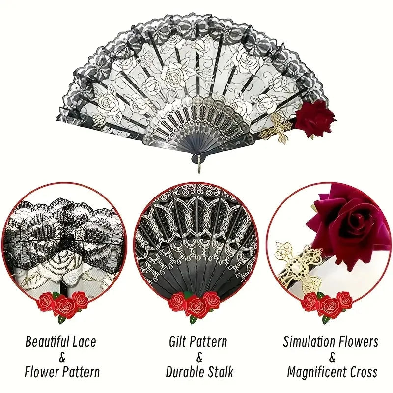 1pc/2pcs Vintage Spanish Flamenco Rose Lace Handheld Fan Elegant Black Folding Fan for Parties And Weddings