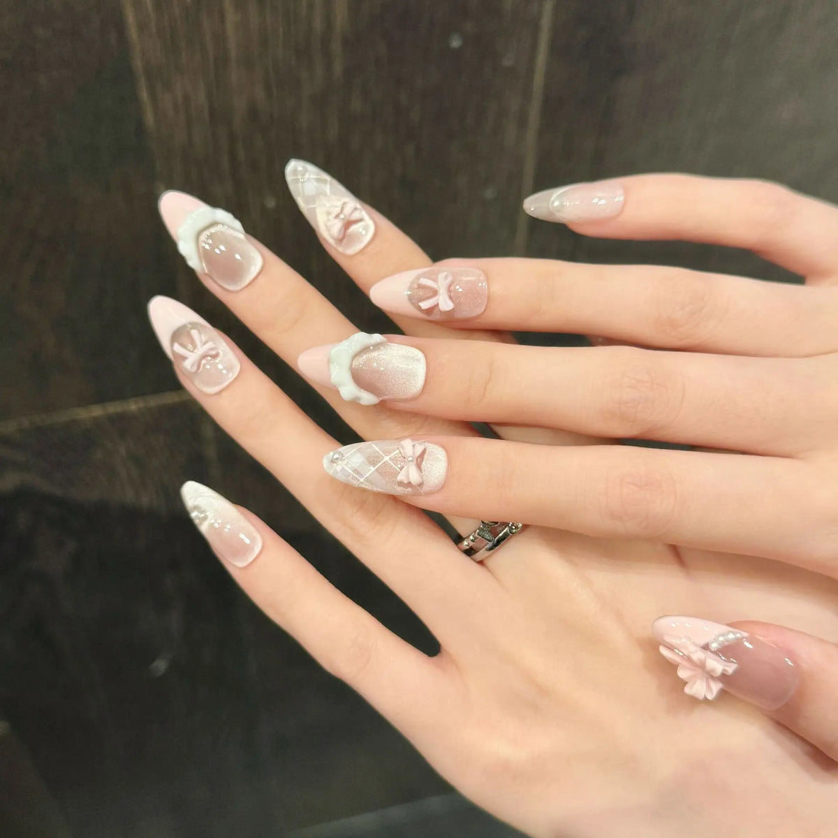 10pcs Handmade Press on Nails French Cat Eye Pink Bow Decor Korean False Nails Wearable Full Cover Ins Almond False Nail Tips