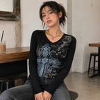 Women V Neck Long Sleeve T Shirt Gothic Cross Graphic Print Slim Fit Y2K Streetwear Casual Spring Fall Hot Sale Top