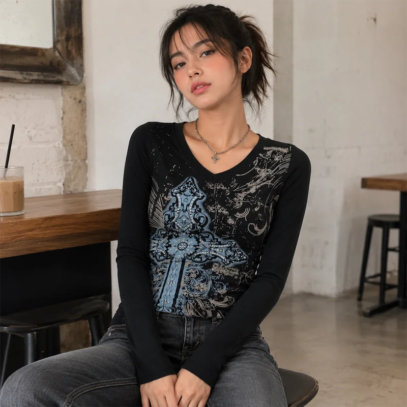 Women V Neck Long Sleeve T Shirt Gothic Cross Graphic Print Slim Fit Y2K Streetwear Casual Spring Fall Hot Sale Top