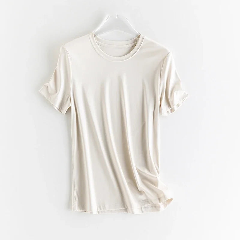 High-end New 10% Silk & Mercerized Cotton Women T-shirt Luxury Tee Short Sleeve Silky Feeling Summer Wear 2025 Tops V / O-neck