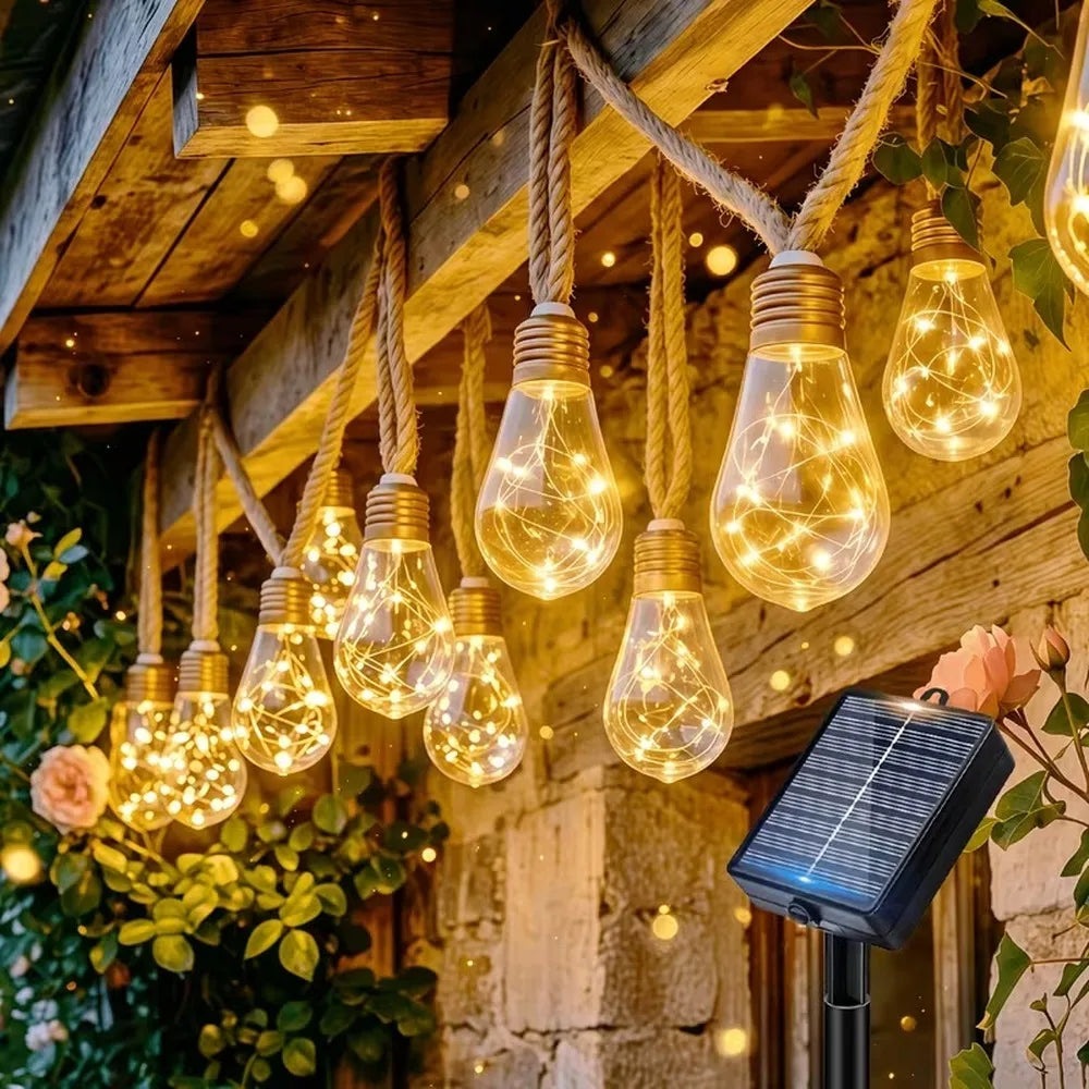 Solar String Lights Hemp Rope Edison Bulb Fairy Lights Solar Powered Warm White for Garden Patio Porch Yard Halloween Decor