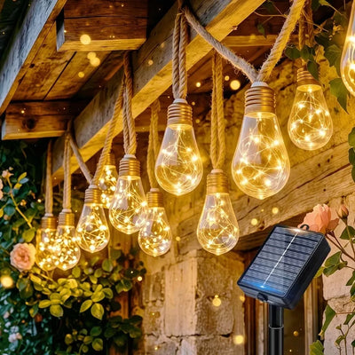Solar String Lights Hemp Rope Edison Bulb Fairy Lights Solar Powered Warm White for Garden Patio Porch Yard Halloween Decor