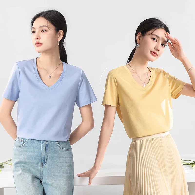 High-end New 10% Silk & Mercerized Cotton Women T-shirt Luxury Tee Short Sleeve Silky Feeling Summer Wear 2025 Tops V / O-neck