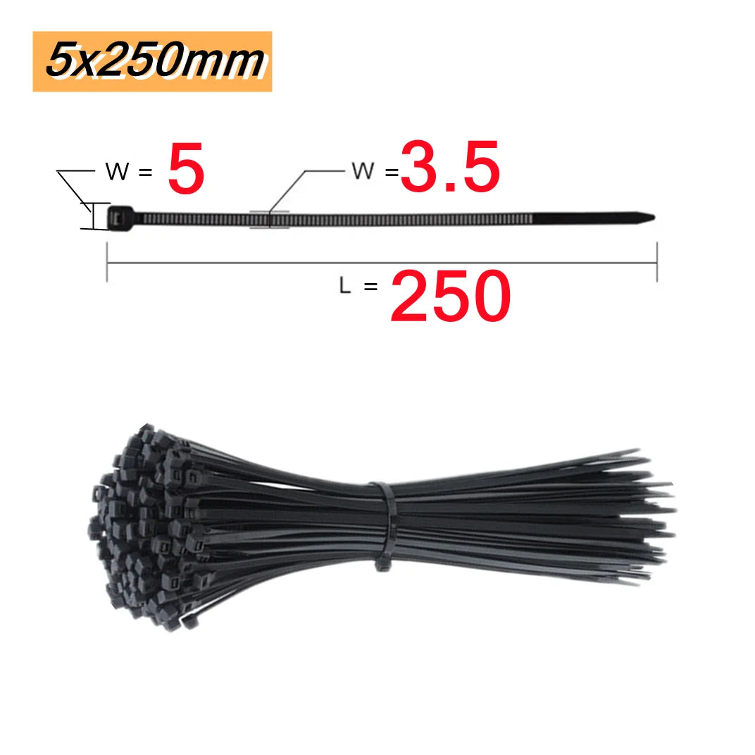 100 PCS Self-locking plastic nylon tie 100 PCS black cable tie fastening ring cable tie zip wraps strap nylon cable tie set