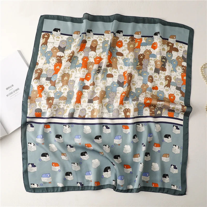 2025 Silk Shawl Print Headscarf Cat Hair Wrap Neckerchief Female Satin Square Scarf For Women Headband Foulard Hijab Bandana