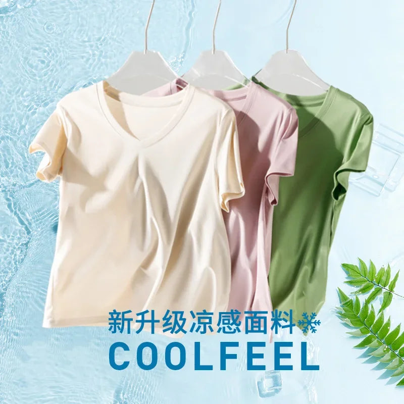 High-end New 10% Silk & Mercerized Cotton Women T-shirt Luxury Tee Short Sleeve Silky Feeling Summer Wear 2025 Tops V / O-neck