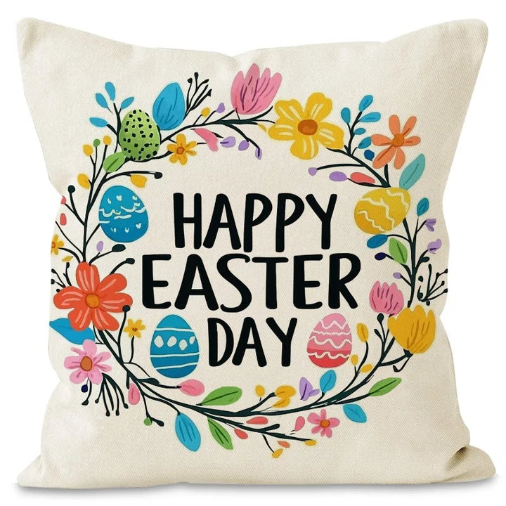Home decor setup featuring Easter bunny pillowcase