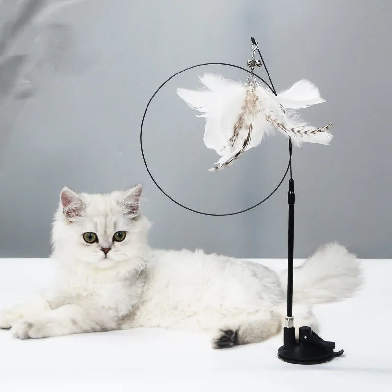 Cat Teaser Stick with Suction Cup– Durable Feather Wand Toy