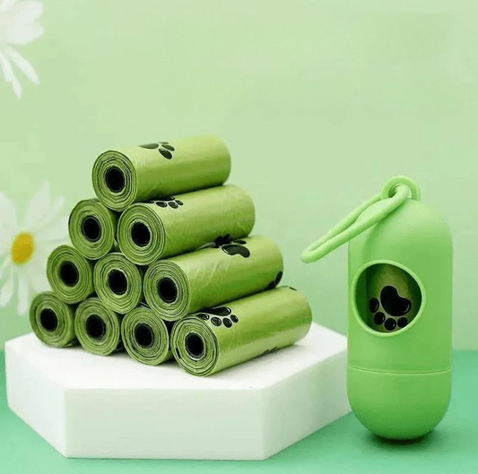 Green pet waste bags and disposal device on a light green background