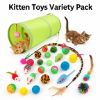 Kitten toys variety pack with a green tunnel, colorful balls, and other toys on a white background.