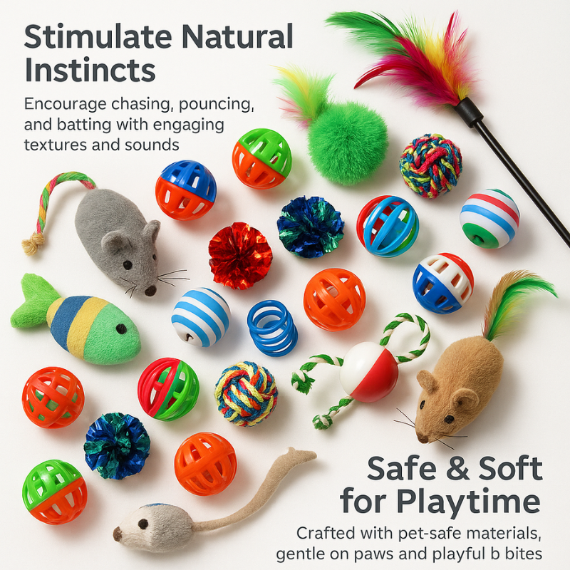 Assorted cat toys on a white background with text about stimulating natural instincts and safety.