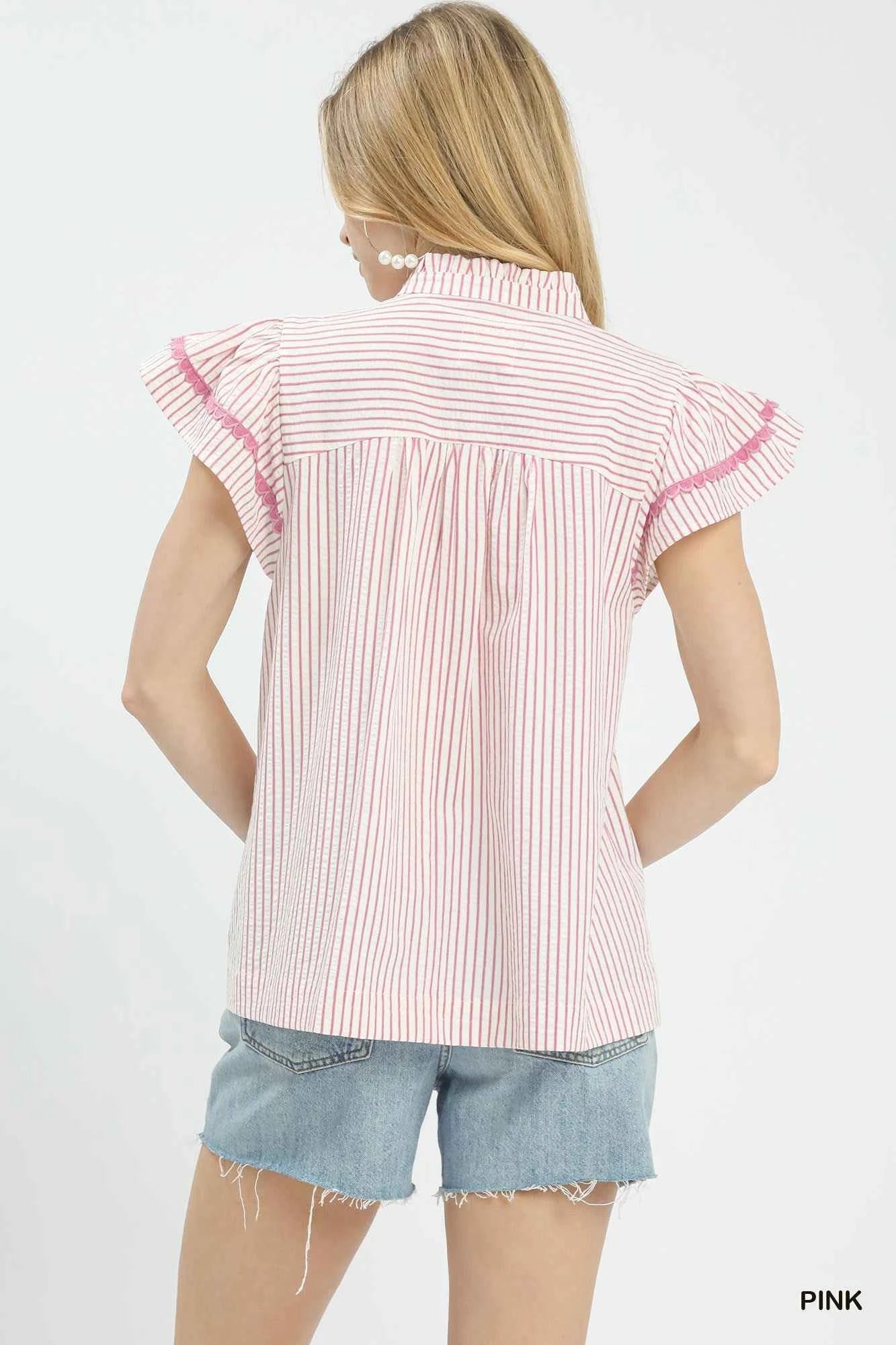 Umgee Striped Flutter Sleeve Top