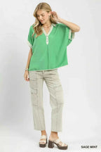 Umgee Oversized Contrast Stripe Trim Top