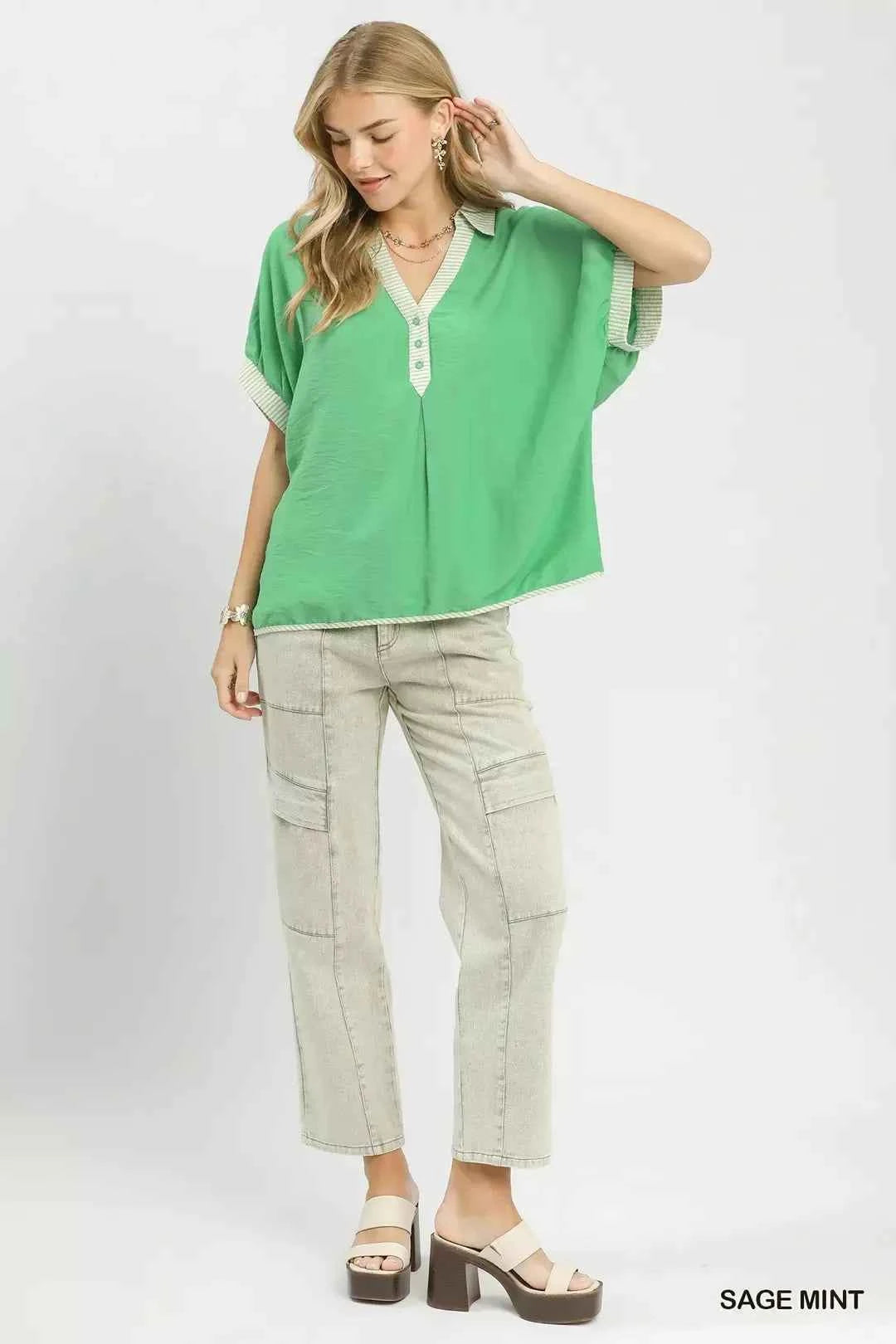 Umgee Oversized Contrast Stripe Trim Top