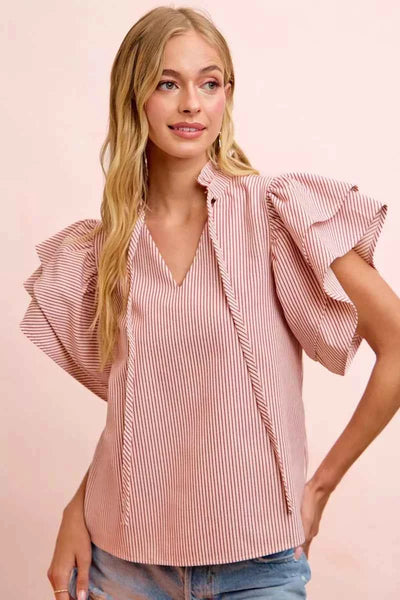 BiBi Twill Striped Ruffle Sleeve Blouse