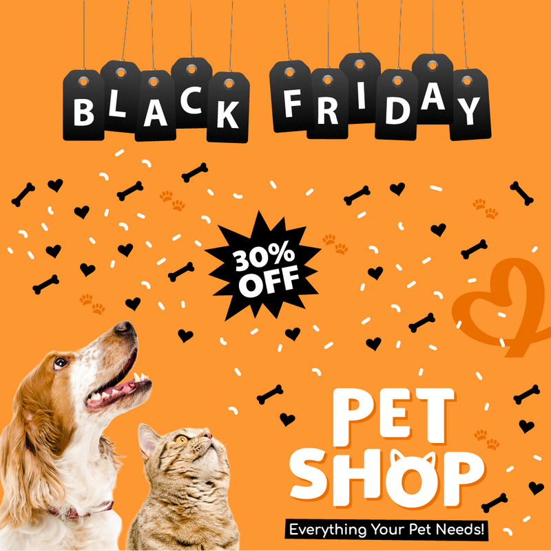 Black Friday advertisement for a pet shop with a dog and cat on an orange background.