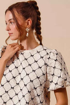 SO ME Bow Texture Woven Bubble Sleeve Top