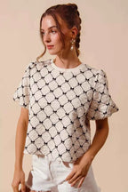 SO ME Bow Texture Woven Bubble Sleeve Top