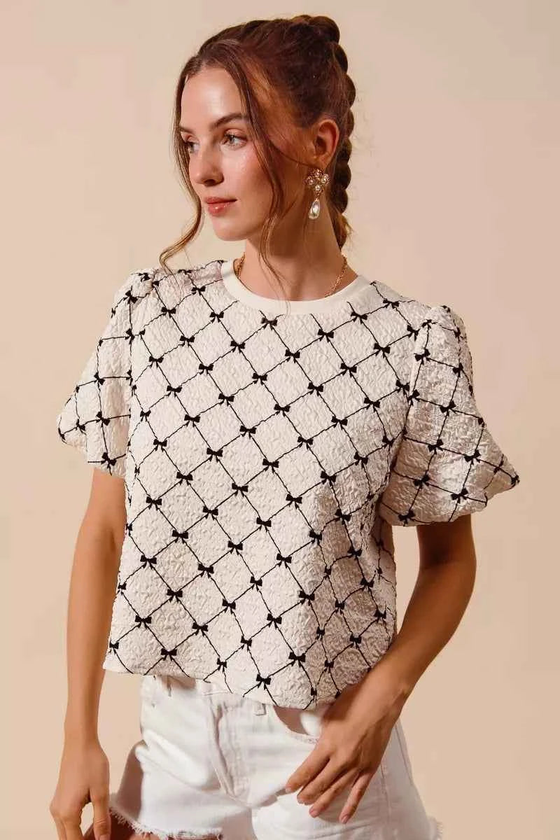 SO ME Bow Texture Woven Bubble Sleeve Top
