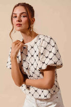 SO ME Bow Texture Woven Bubble Sleeve Top