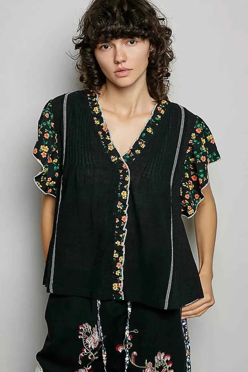 POL V-Neck Floral Ruffle Sleeve Blouse