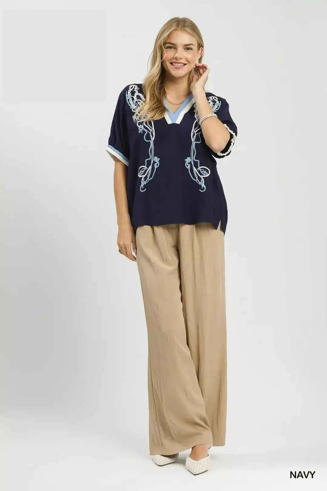 Umgee Embroidered Floral V-Neck Short Sleeve Blouse with Contrast Trim