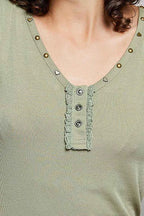 POL Studded Trim Button-Front Ruffle Detail Tank