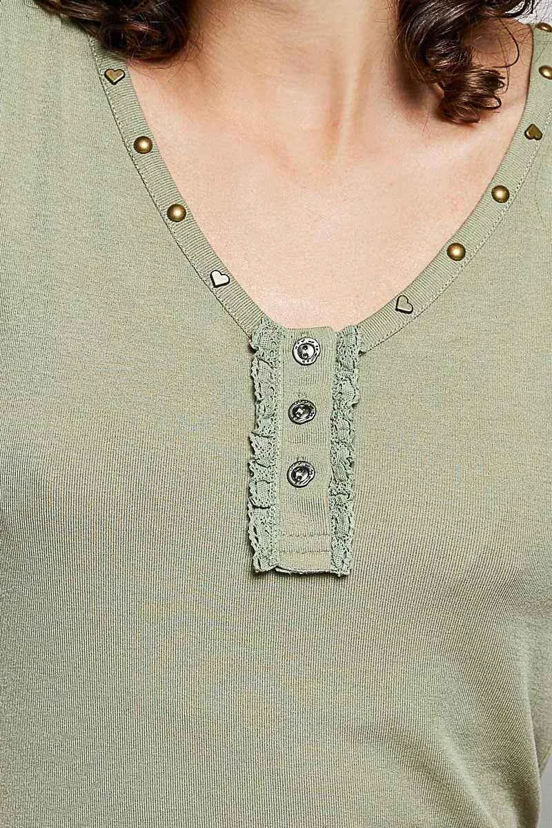 POL Studded Trim Button-Front Ruffle Detail Tank