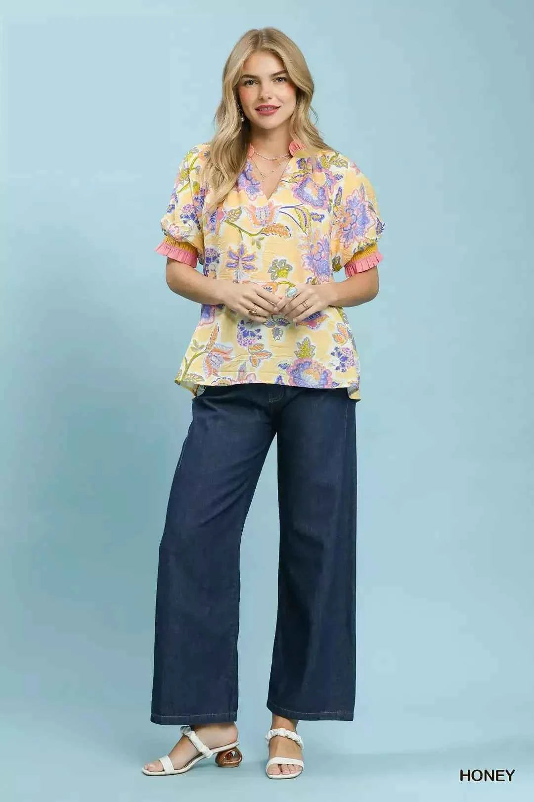 Umgee Floral Print Ruffled Short Sleeve Top