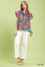 Umgee Ruffle Trim Paisley Floral Top