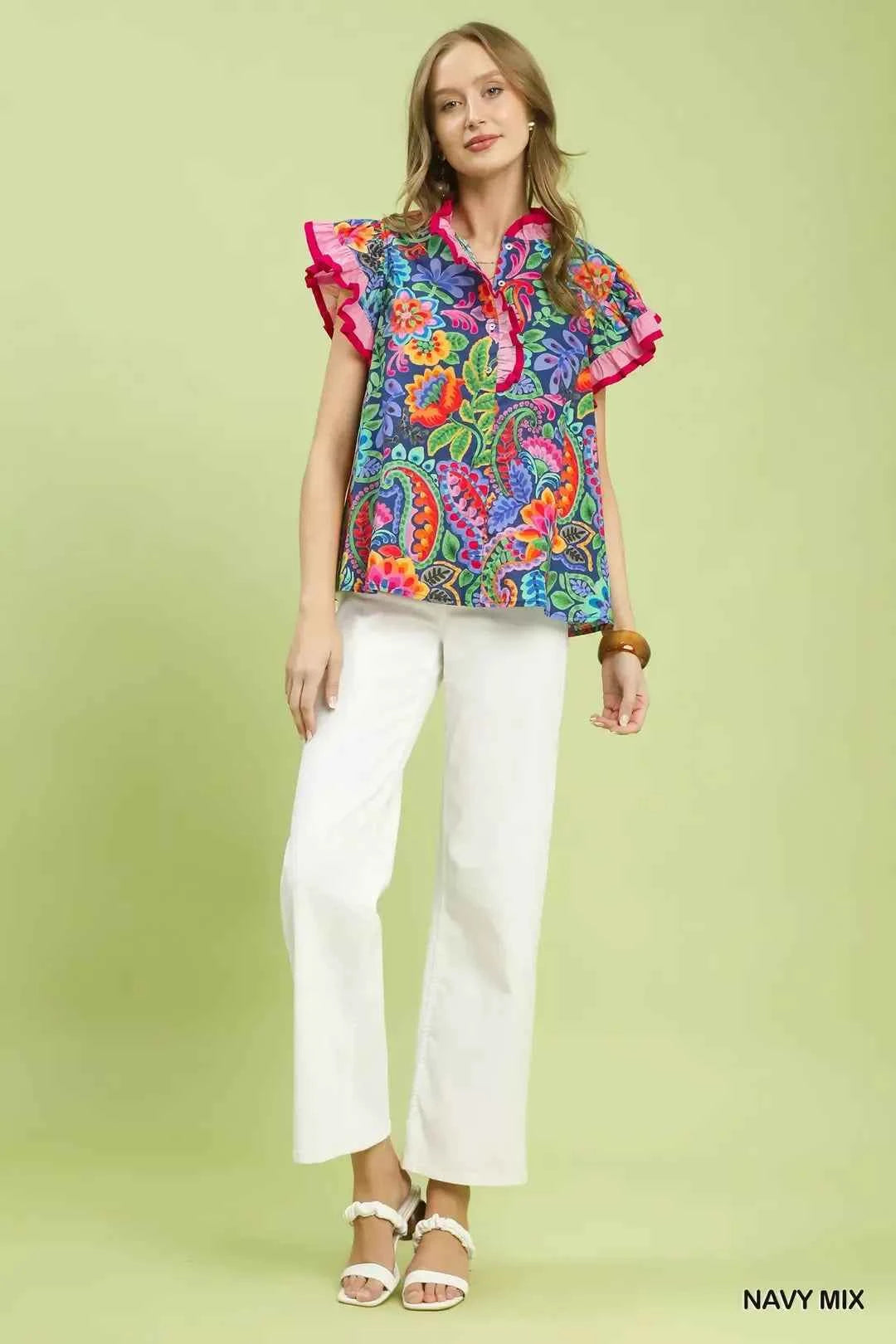 Umgee Ruffle Trim Paisley Floral Top