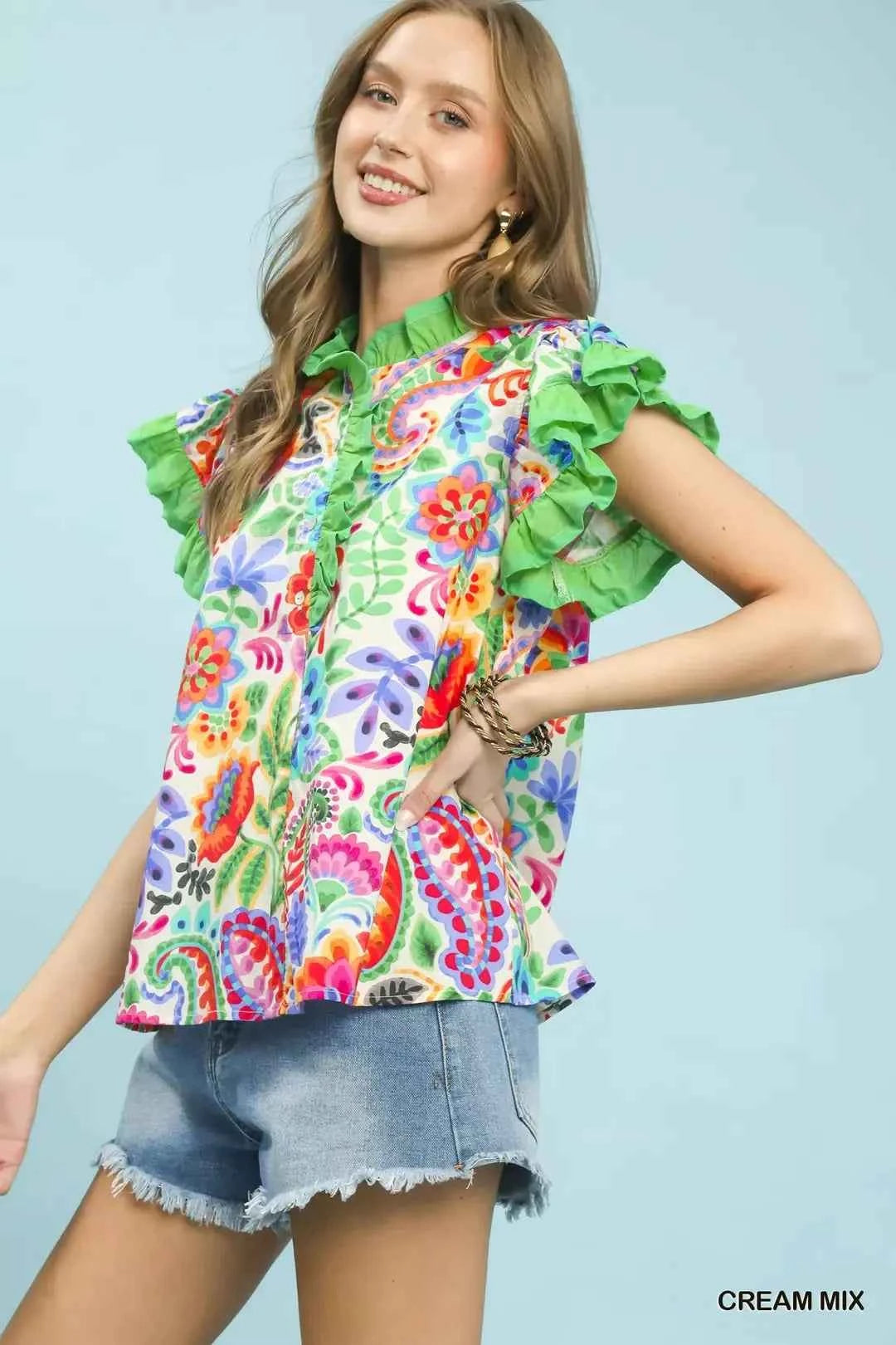 Umgee Ruffle Trim Paisley Floral Top