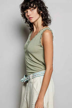 POL Studded Trim Button-Front Ruffle Detail Tank