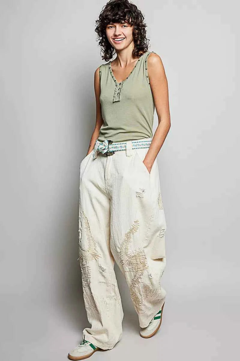 POL Studded Trim Button-Front Ruffle Detail Tank