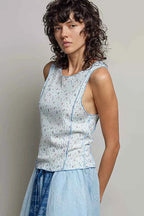 POL Seam detail Floral Round Neck Ribbed Tank