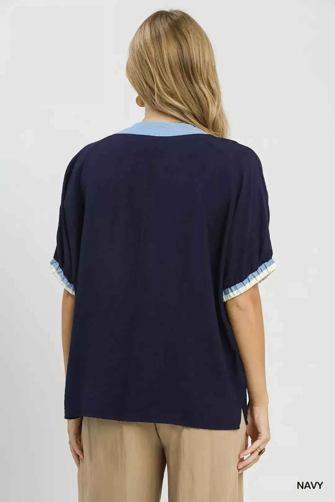 Umgee Embroidered Floral V-Neck Short Sleeve Blouse with Contrast Trim