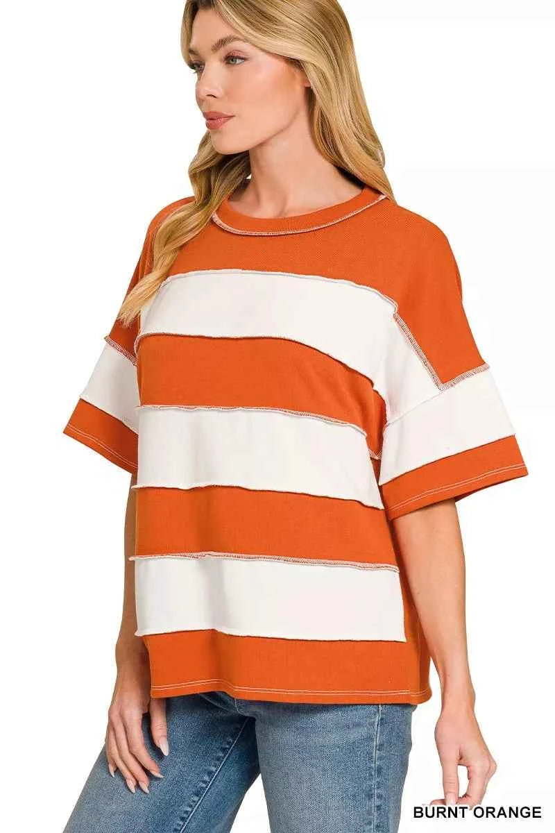 Zenana French Terry Striped Exposed Seam Top
