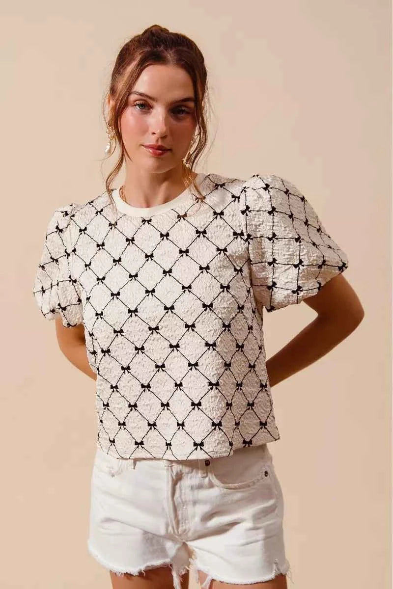 SO ME Bow Texture Woven Bubble Sleeve Top