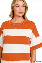 Zenana French Terry Striped Exposed Seam Top