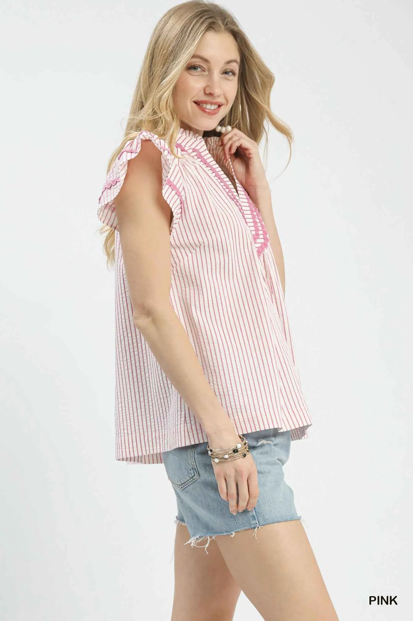 Umgee Striped Flutter Sleeve Top