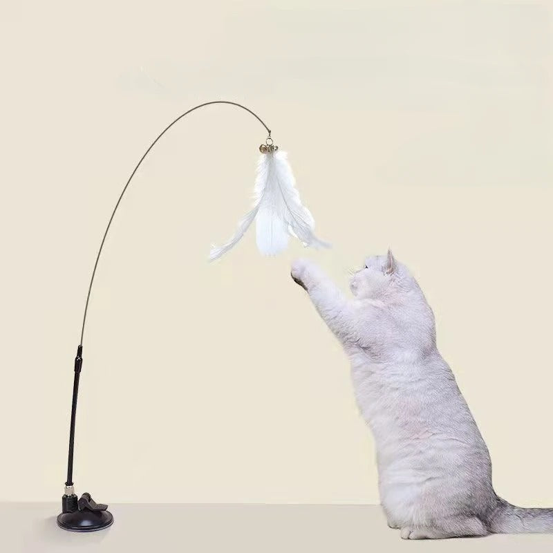 Cat Teaser Stick with Suction Cup– Durable Feather Wand Toy