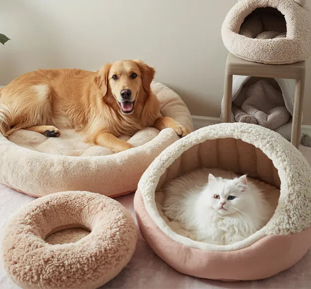 Dog and cat in cozy beige pet beds on a light-colored floor.
