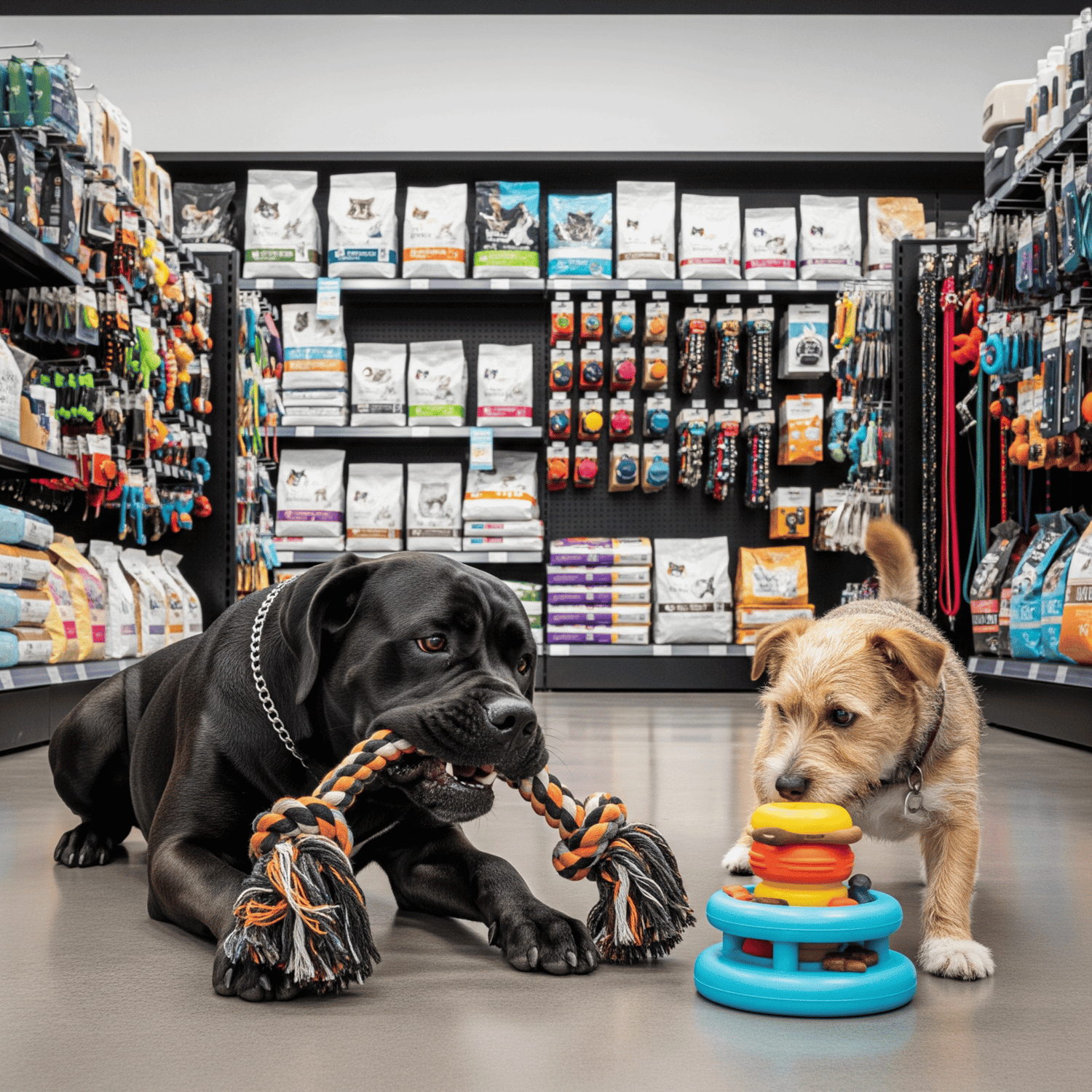 Two dogs with toys in a pet store aisle with shelves of products.